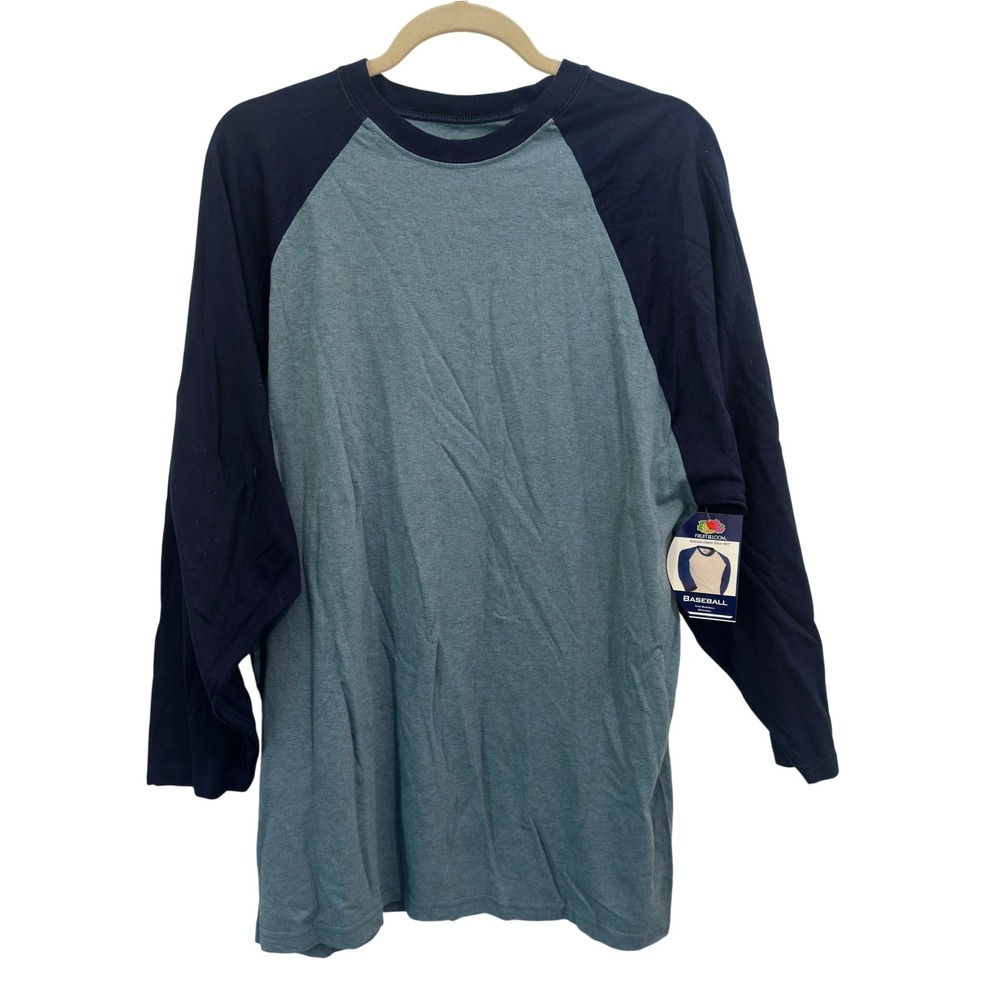 Fruit of the Loom Raglan Baseball Tee Mens XL Teal Navy 3/4 Sleeve NWT Blokecore